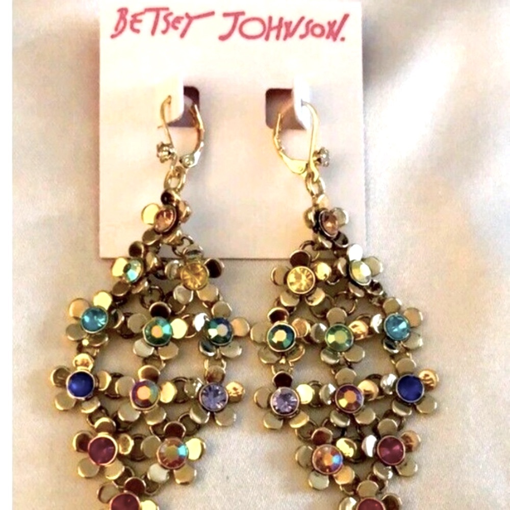 Betsey Johnson Gold Tone Dangling Flower Earrings with Crystals NWOT